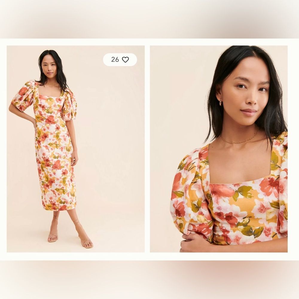 NWT Anthropologie Moon River Square Neck Puff-Sleeve Floral Orange Midi Dress